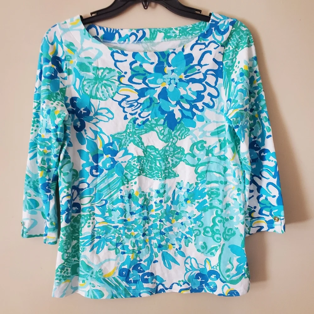 Lilly Pulitzer Blue Dahlia Abstract Vibrant Stretch Tee Half Sleeve Size Small - Picture 9 of 9